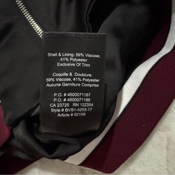 Aritzia Babaton Black Satin Bomber Jacket, Burgundy Trim, Pockets, Women’s Small - Picture 5 of 5